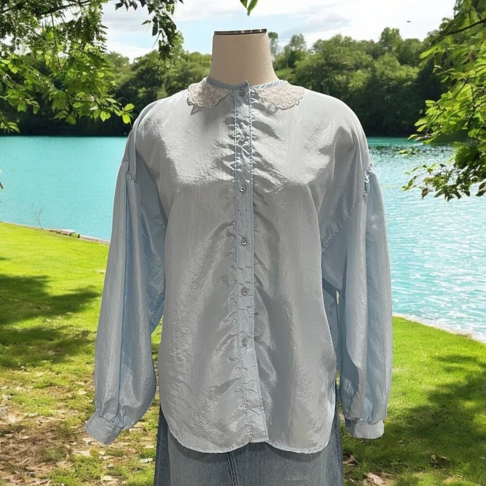 Vintage Light‎ Blue Blouse L Lace Peter Pan Collar Cottagecore Romantic Coquette